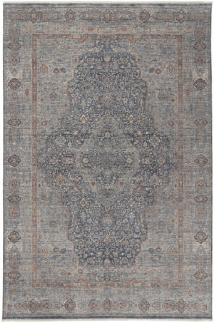 HomeRoots 4' Transform Your Space with a Charming Worn-Faded Gray-Blue and Red Oriental Area Rug with Fringe 5' X 7' 567461