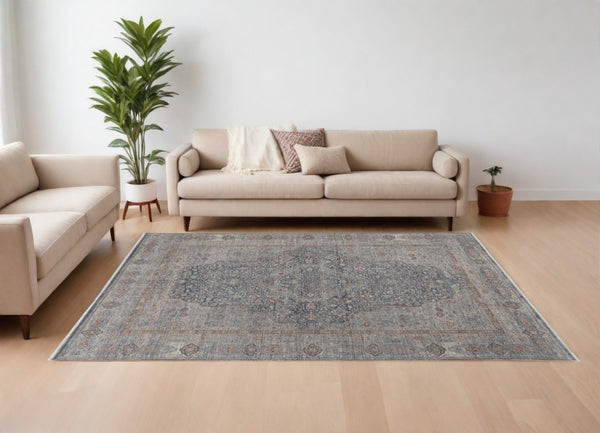 HomeRoots 4' Transform Your Space with a Charming Worn-Faded Gray-Blue and Red Oriental Area Rug with Fringe 7' X 10' 567462