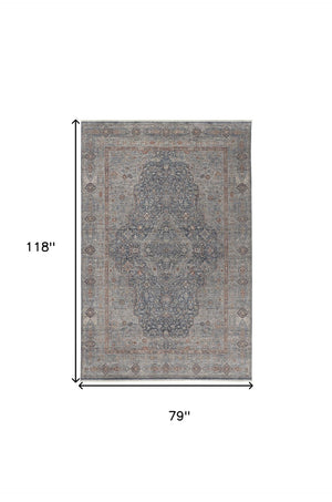 HomeRoots 4' Transform Your Space with a Charming Worn-Faded Gray-Blue and Red Oriental Area Rug with Fringe 7' X 10' 567462