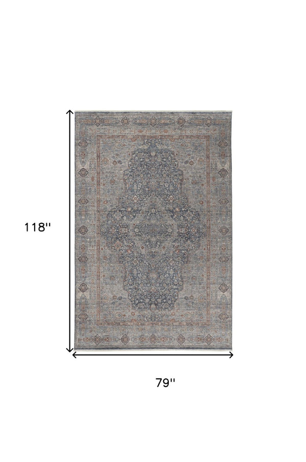 HomeRoots 4' Transform Your Space with a Charming Worn-Faded Gray-Blue and Red Oriental Area Rug with Fringe 7' X 10' 567462