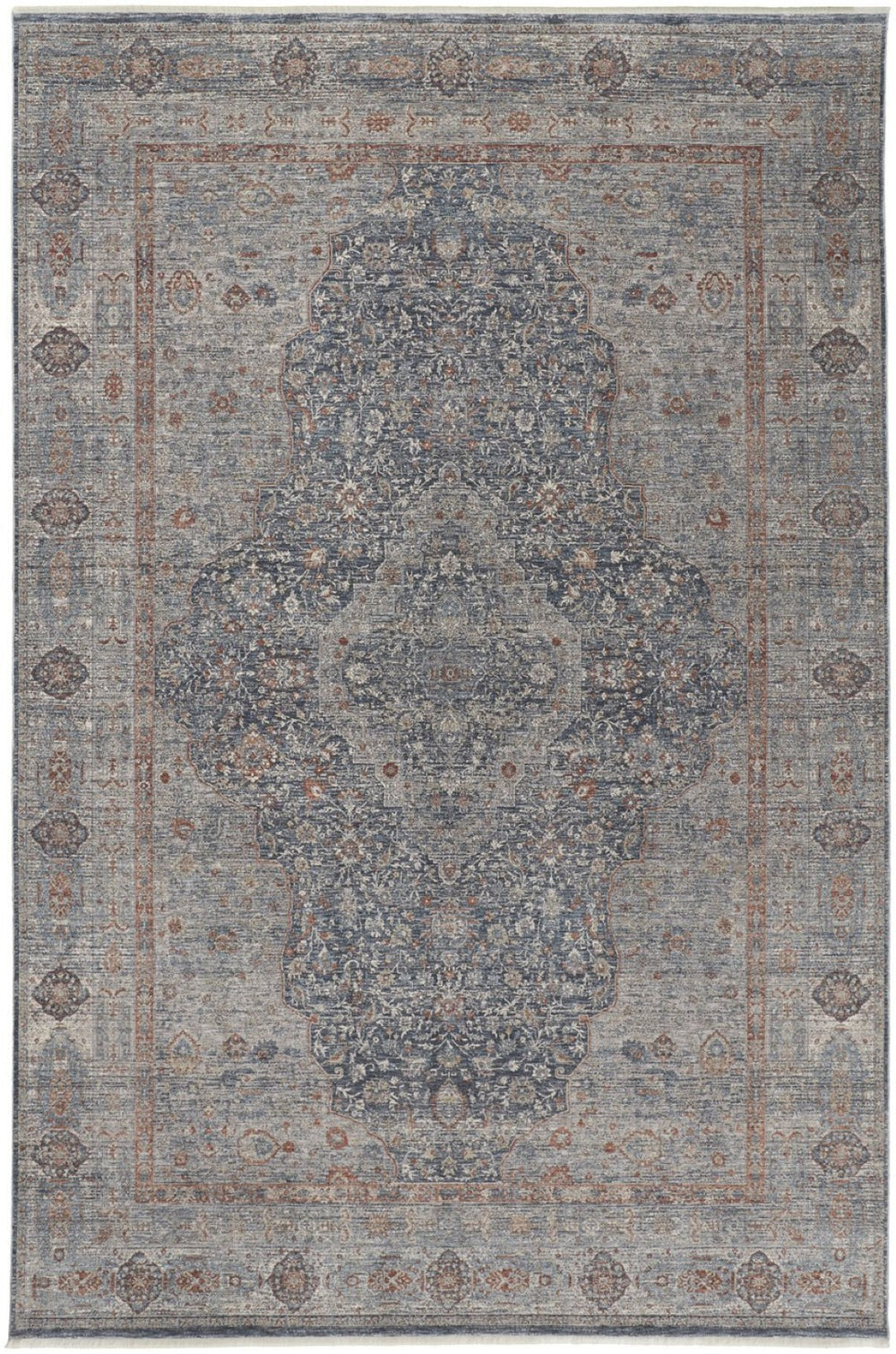 HomeRoots 4' Transform Your Space with a Charming Worn-Faded Gray-Blue and Red Oriental Area Rug with Fringe 7' X 10' 567462