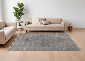 HomeRoots 4' Transform Your Space with a Charming Worn-Faded Gray-Blue and Red Oriental Area Rug with Fringe 8' X 10' 567463