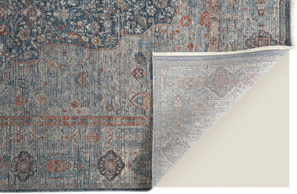 HomeRoots 4' Transform Your Space with a Charming Worn-Faded Gray-Blue and Red Oriental Area Rug with Fringe 8' X 10' 567463