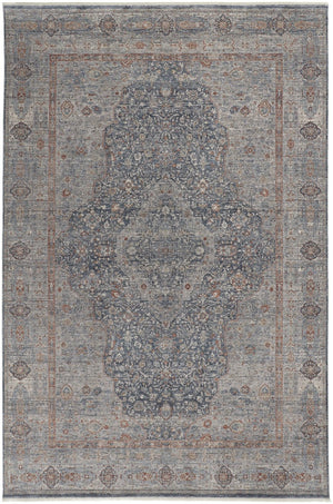 HomeRoots 4' Transform Your Space with a Charming Worn-Faded Gray-Blue and Red Oriental Area Rug with Fringe 9' X 13' 567464