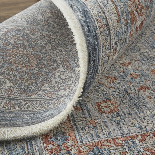 HomeRoots 4' Transform Your Space with a Charming Worn-Faded Gray-Blue and Red Oriental Area Rug with Fringe 9' X 13' 567464