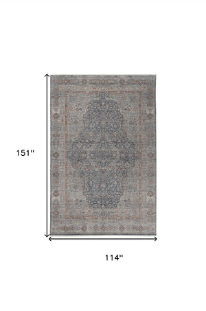 HomeRoots 4' Transform Your Space with a Charming Worn-Faded Gray-Blue and Red Oriental Area Rug with Fringe 9' X 13' 567464