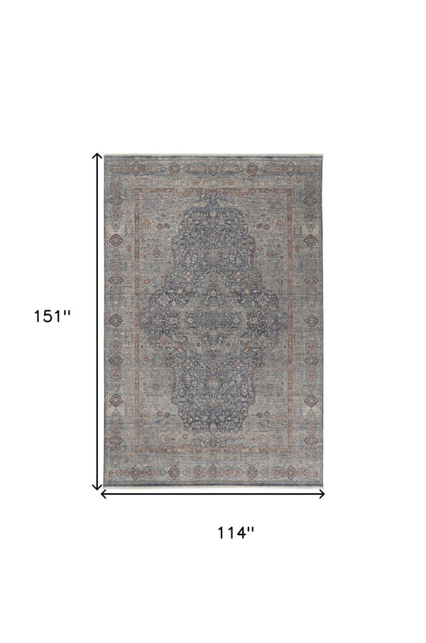 HomeRoots 4' Transform Your Space with a Charming Worn-Faded Gray-Blue and Red Oriental Area Rug with Fringe 9' X 13' 567464