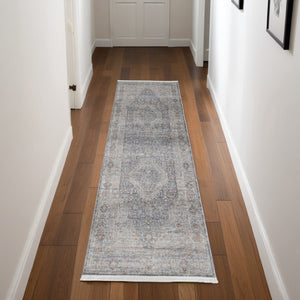 HomeRoots 4' Transform Your Space with a Charming Worn-Faded Gray-Blue and Red Oriental Area Rug with Fringe 8' Runner 567465