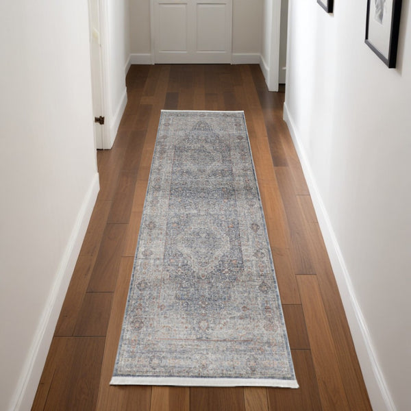 HomeRoots 4' Transform Your Space with a Charming Worn-Faded Gray-Blue and Red Oriental Area Rug with Fringe 8' Runner 567465