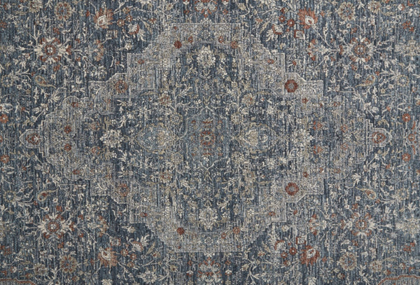 HomeRoots 4' Transform Your Space with a Charming Worn-Faded Gray-Blue and Red Oriental Area Rug with Fringe 10' Runner 567466