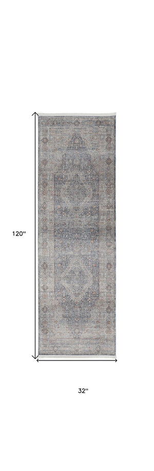 HomeRoots 4' Transform Your Space with a Charming Worn-Faded Gray-Blue and Red Oriental Area Rug with Fringe 10' Runner 567466