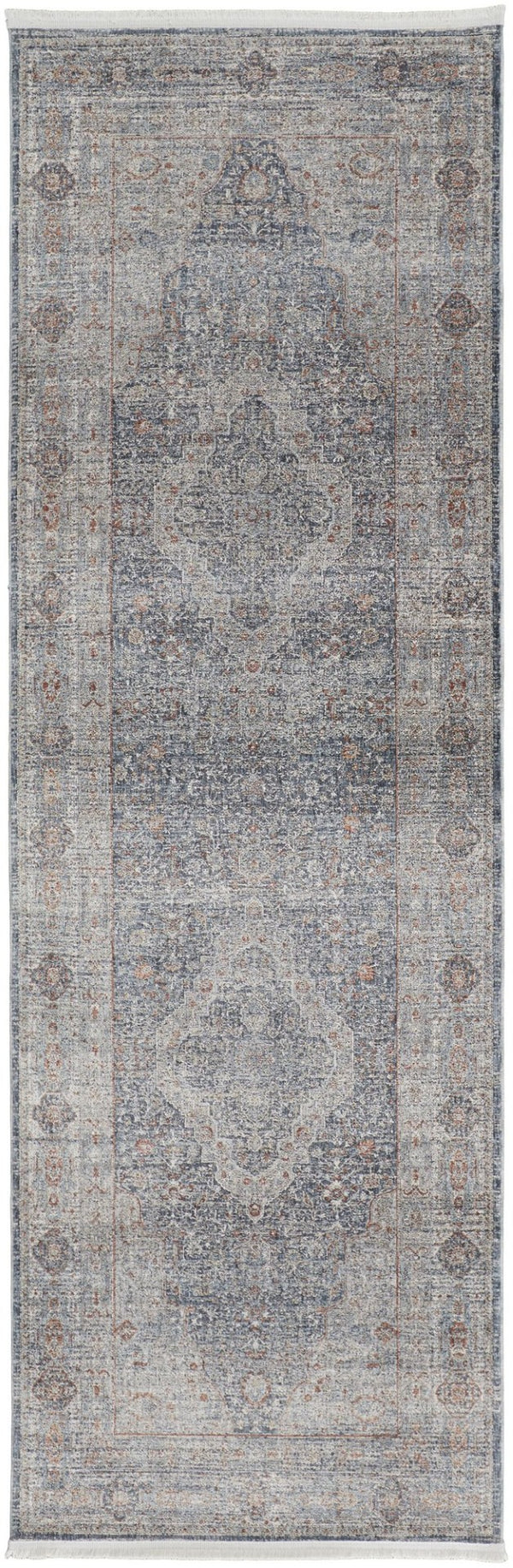 HomeRoots 4' Transform Your Space with a Charming Worn-Faded Gray-Blue and Red Oriental Area Rug with Fringe 10' Runner 567466