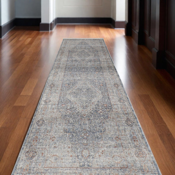 HomeRoots 4' Transform Your Space with a Charming Worn-Faded Gray-Blue and Red Oriental Area Rug with Fringe 12' Runner 567467