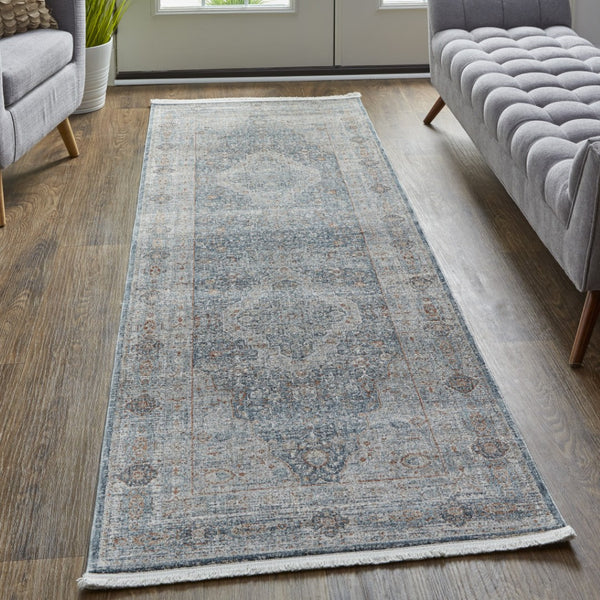 HomeRoots 4' Transform Your Space with a Charming Worn-Faded Gray-Blue and Red Oriental Area Rug with Fringe 12' Runner 567467