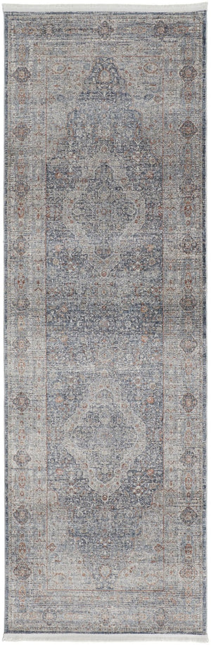 HomeRoots 4' Transform Your Space with a Charming Worn-Faded Gray-Blue and Red Oriental Area Rug with Fringe 12' Runner 567467