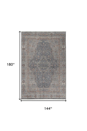 HomeRoots 4' Transform Your Space with a Charming Worn-Faded Gray-Blue and Red Oriental Area Rug with Fringe 12' X 15' 567468