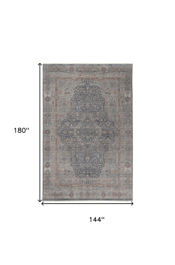 HomeRoots 4' Transform Your Space with a Charming Worn-Faded Gray-Blue and Red Oriental Area Rug with Fringe 12' X 15' 567468