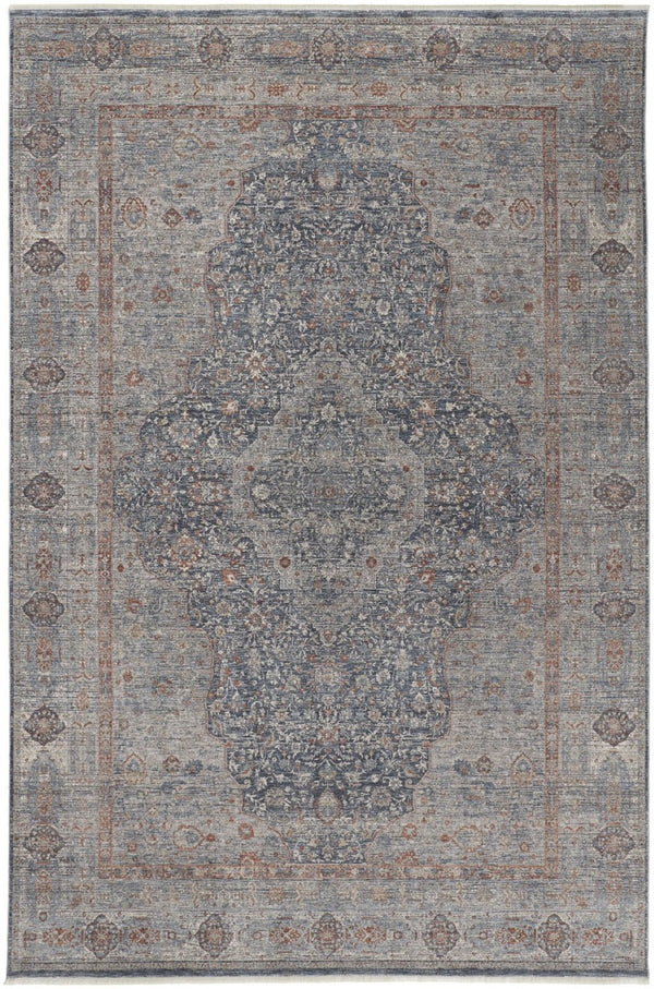 HomeRoots 4' Transform Your Space with a Charming Worn-Faded Gray-Blue and Red Oriental Area Rug with Fringe 12' X 15' 567468
