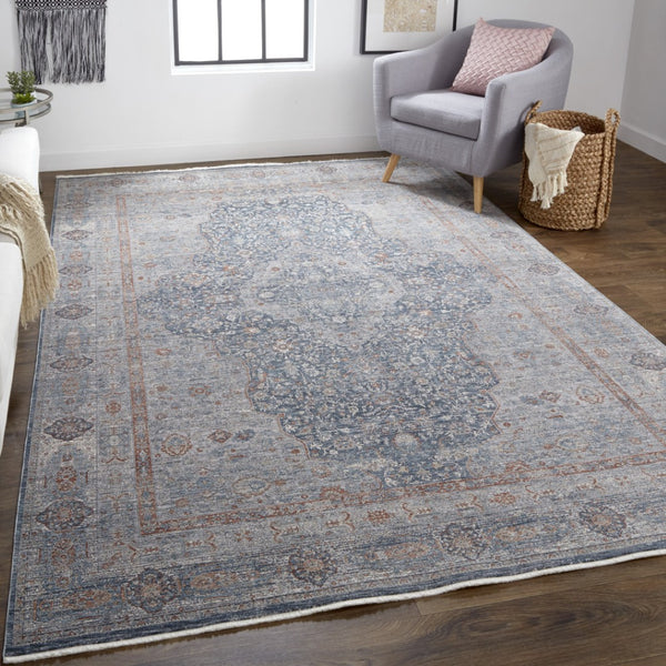 HomeRoots 4' Transform Your Space with a Charming Worn-Faded Gray-Blue and Red Oriental Area Rug with Fringe 2' X 3' 567469