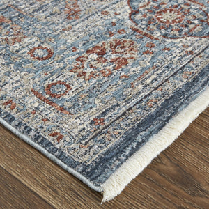 HomeRoots 4' Transform Your Space with a Charming Worn-Faded Gray-Blue and Red Oriental Area Rug with Fringe 2' X 3' 567469