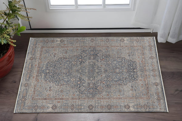 HomeRoots 4' Transform Your Space with a Charming Worn-Faded Gray-Blue and Red Oriental Area Rug with Fringe 2' X 3' 567469
