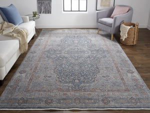 HomeRoots 4' Transform Your Space with a Charming Worn-Faded Gray-Blue and Red Oriental Area Rug with Fringe 2' X 3' 567469