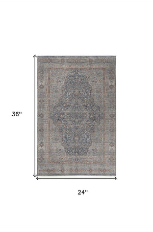 HomeRoots 4' Transform Your Space with a Charming Worn-Faded Gray-Blue and Red Oriental Area Rug with Fringe 2' X 3' 567469