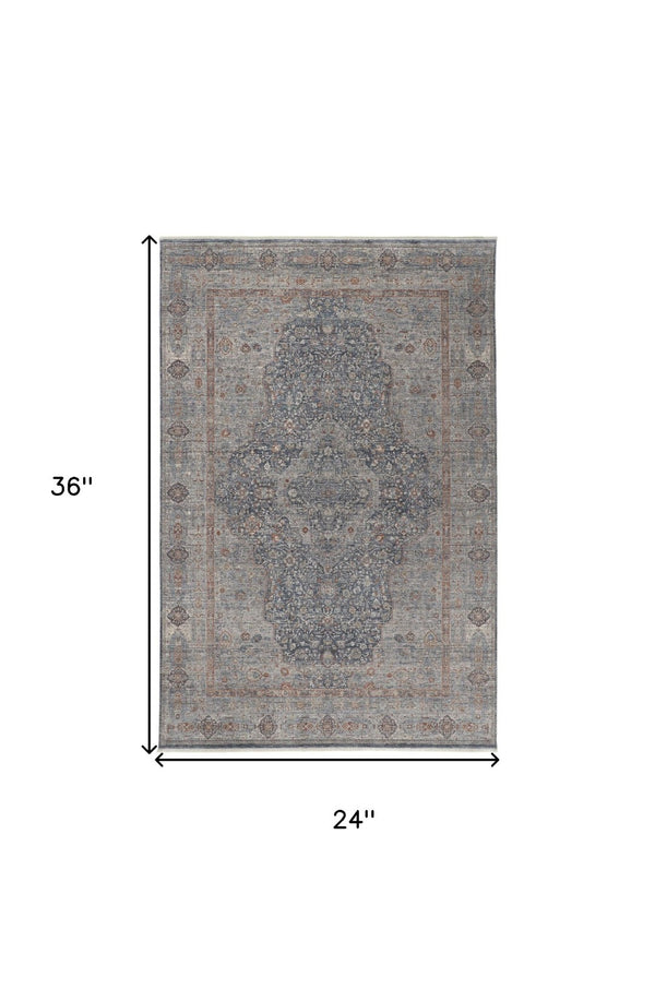 HomeRoots 4' Transform Your Space with a Charming Worn-Faded Gray-Blue and Red Oriental Area Rug with Fringe 2' X 3' 567469