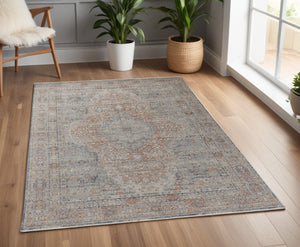 HomeRoots 4' Transform Your Space with a Charming Worn-Faded Gray-Blue and Red Oriental Area Rug with Fringe 4' X 5' 567470