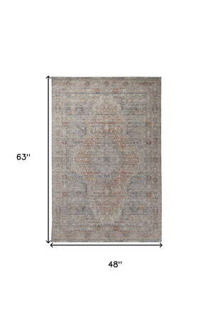 HomeRoots 4' Transform Your Space with a Charming Worn-Faded Gray-Blue and Red Oriental Area Rug with Fringe 4' X 5' 567470