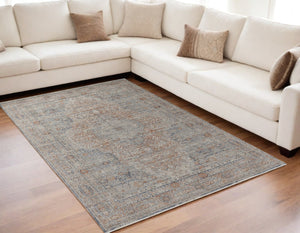 HomeRoots 4' Transform Your Space with a Charming Worn-Faded Gray-Blue and Red Oriental Area Rug with Fringe 5' X 7' 567471