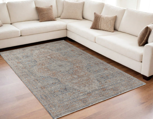 HomeRoots 4' Transform Your Space with a Charming Worn-Faded Gray-Blue and Red Oriental Area Rug with Fringe 5' X 7' 567471