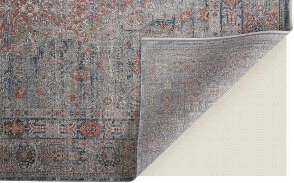 HomeRoots 4' Transform Your Space with a Charming Worn-Faded Gray-Blue and Red Oriental Area Rug with Fringe 7' X 10' 567472