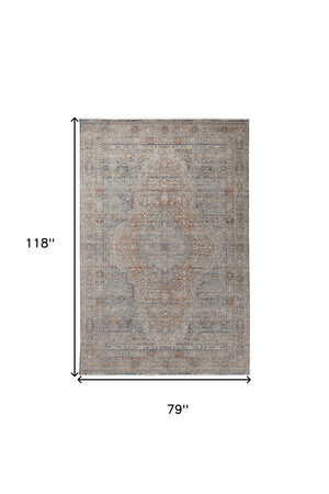 HomeRoots 4' Transform Your Space with a Charming Worn-Faded Gray-Blue and Red Oriental Area Rug with Fringe 7' X 10' 567472