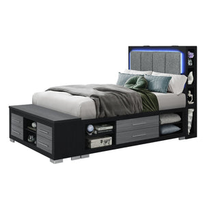 English Elm Messa Full Storage Bed Bookcase Headboard Led Lighting Urban Contemporary Bedroom Black+Grey B201S00357