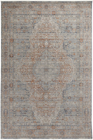HomeRoots 4' Transform Your Space with a Charming Worn-Faded Gray-Blue and Red Oriental Area Rug with Fringe 8' X 10' 567473