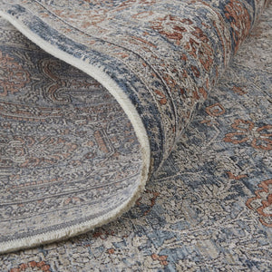 HomeRoots 4' Transform Your Space with a Charming Worn-Faded Gray-Blue and Red Oriental Area Rug with Fringe 8' X 10' 567473