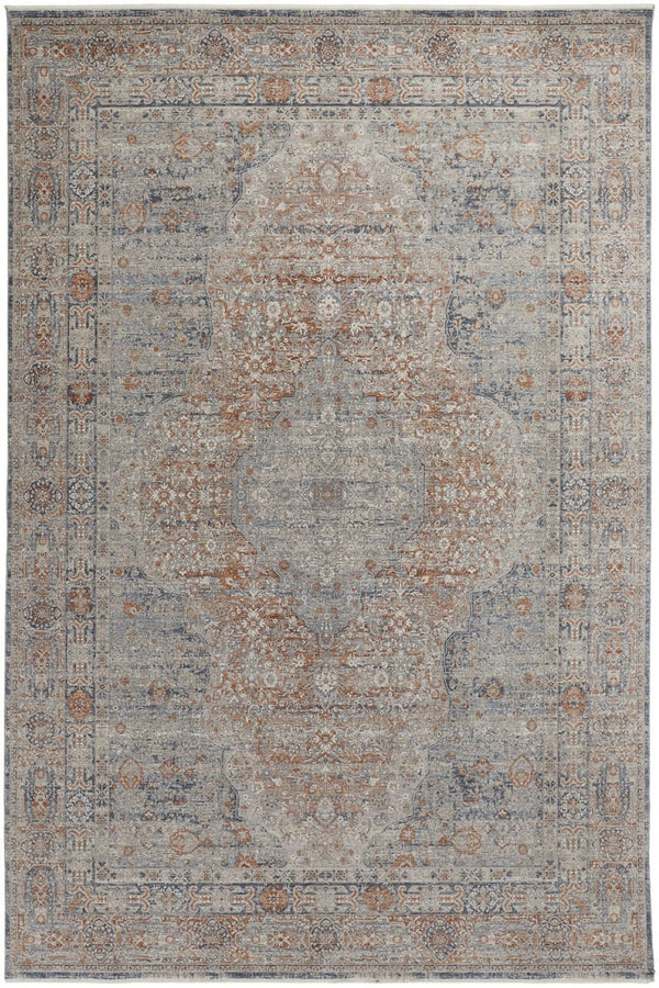 HomeRoots 4' Transform Your Space with a Charming Worn-Faded Gray-Blue and Red Oriental Area Rug with Fringe 9' X 13' 567474