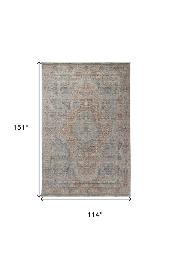 HomeRoots 4' Transform Your Space with a Charming Worn-Faded Gray-Blue and Red Oriental Area Rug with Fringe 9' X 13' 567474