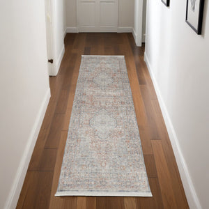 HomeRoots 4' Transform Your Space with a Charming Worn-Faded Gray-Blue and Red Oriental Area Rug with Fringe 8' Runner 567475
