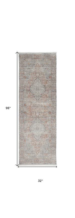 HomeRoots 4' Transform Your Space with a Charming Worn-Faded Gray-Blue and Red Oriental Area Rug with Fringe 8' Runner 567475