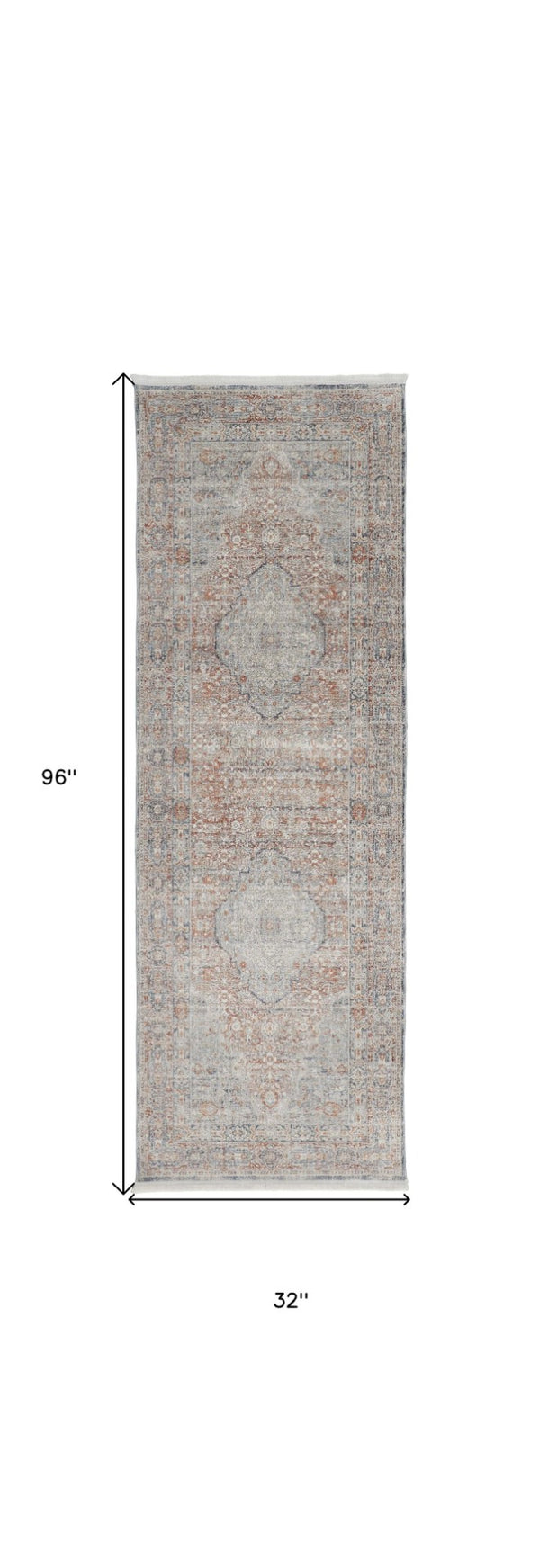 HomeRoots 4' Transform Your Space with a Charming Worn-Faded Gray-Blue and Red Oriental Area Rug with Fringe 8' Runner 567475