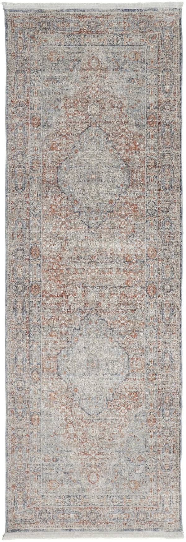 HomeRoots 4' Transform Your Space with a Charming Worn-Faded Gray-Blue and Red Oriental Area Rug with Fringe 8' Runner 567475