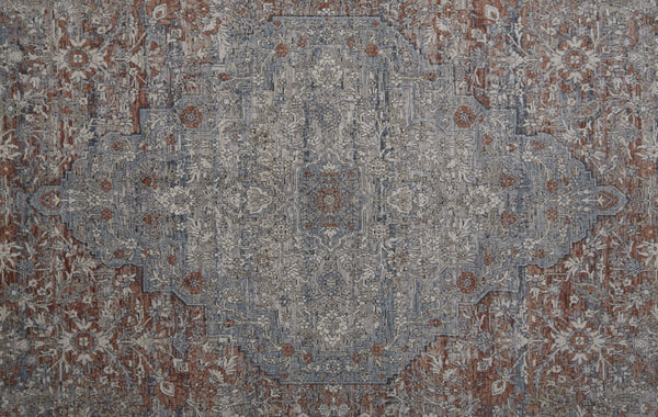HomeRoots 4' Transform Your Space with a Charming Worn-Faded Gray-Blue and Red Oriental Area Rug with Fringe 10' Runner 567476