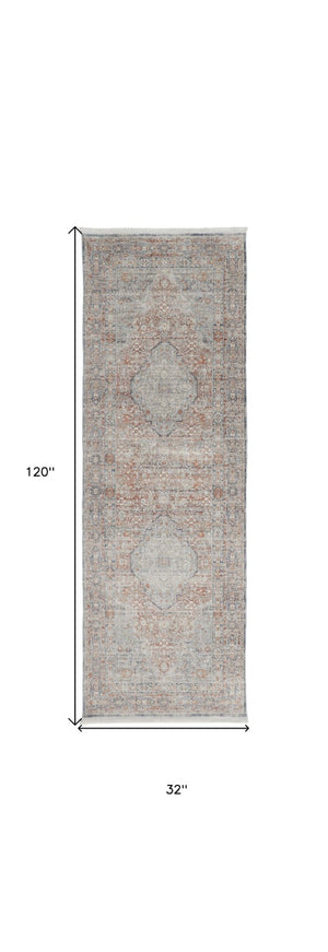 HomeRoots 4' Transform Your Space with a Charming Worn-Faded Gray-Blue and Red Oriental Area Rug with Fringe 10' Runner 567476