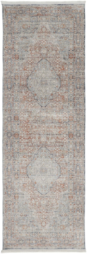HomeRoots 4' Transform Your Space with a Charming Worn-Faded Gray-Blue and Red Oriental Area Rug with Fringe 10' Runner 567476