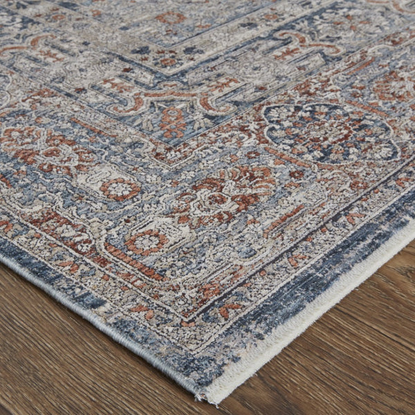 HomeRoots 4' Transform Your Space with a Charming Worn-Faded Gray-Blue and Red Oriental Area Rug with Fringe 12' Runner 567477
