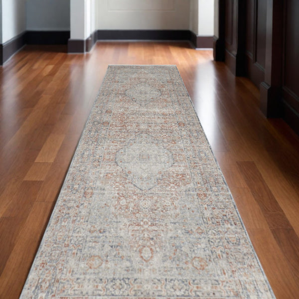 HomeRoots 4' Transform Your Space with a Charming Worn-Faded Gray-Blue and Red Oriental Area Rug with Fringe 12' Runner 567477