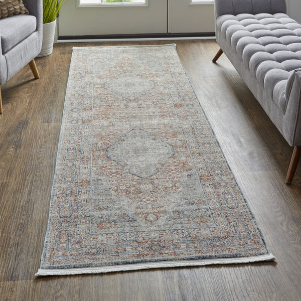 HomeRoots 4' Transform Your Space with a Charming Worn-Faded Gray-Blue and Red Oriental Area Rug with Fringe 12' Runner 567477