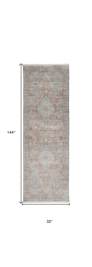 HomeRoots 4' Transform Your Space with a Charming Worn-Faded Gray-Blue and Red Oriental Area Rug with Fringe 12' Runner 567477